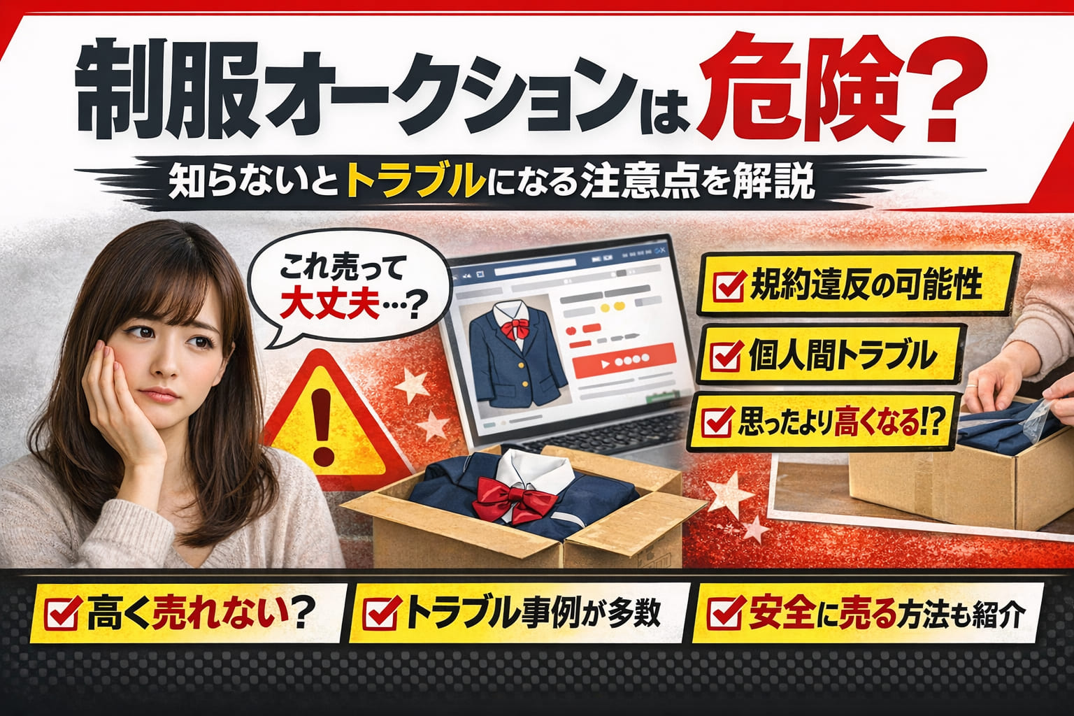制服をオークションで売るのは危険？メルカリ・ヤフオク・制服市場の違いと安全に高く売る方法 アイキャッチ画像