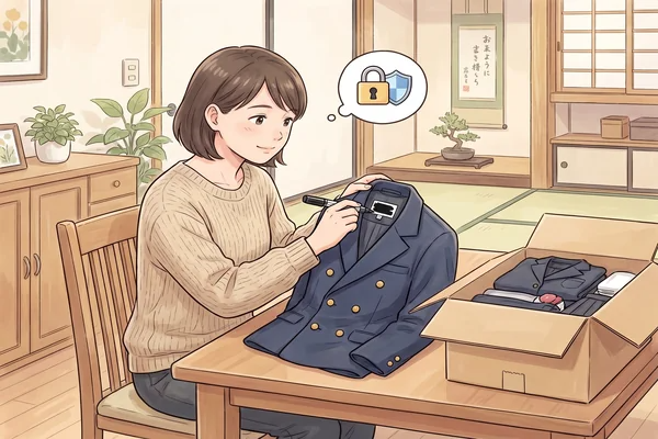 制服のネームタグを黒いマーカーで塗りつぶし、個人情報を保護してから梱包する女性のイラスト