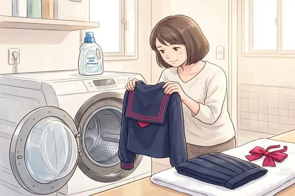 フェリス女学院の濃紺セーラー服をドラム式洗濯機に入れて洗う母親のイラスト 。洗剤ボトルとたたまれたスカート・エンジリボンが隣に置かれている。