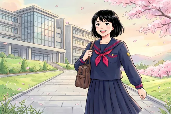 フェリス女学院高等学校の濃紺セーラー服を着た女子生徒が、現代的な校舎前の桜並木を歩くイラスト