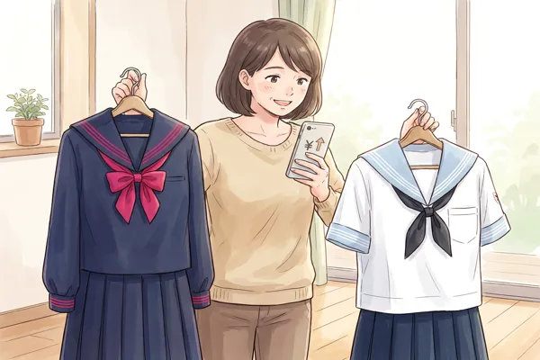フェリス女学院の冬服（濃紺セーラー ）と夏服（白セーラー）をハンガーにかけて持ち、スマートフォンの高額査定画面を見て喜ぶ母親のイラスト