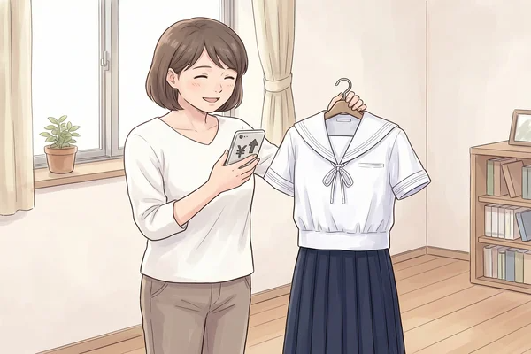 神戸山手グローバル高等学校（旧・神戸山手女子 ）の制服をハンガーで持ちながらスマートフォンで買取相場を確認するお母さんのイラスト