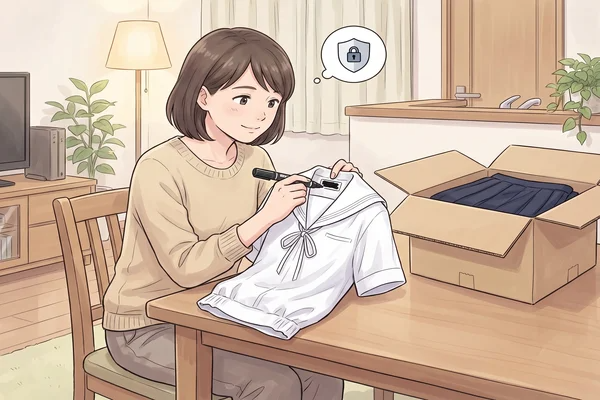 神戸山手グローバル高等学校（旧・神戸山手女子 ）の制服のネームタグをマジックで塗りつぶして個人情報を保護するイラスト