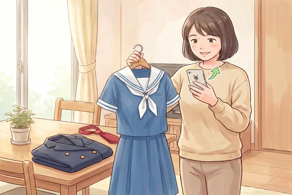 熊本学園大学付属高校の制服（夏服セーラー服と冬服ブレザー ）の買取査定額をスマートフォンで確認して喜ぶ母親のイラスト