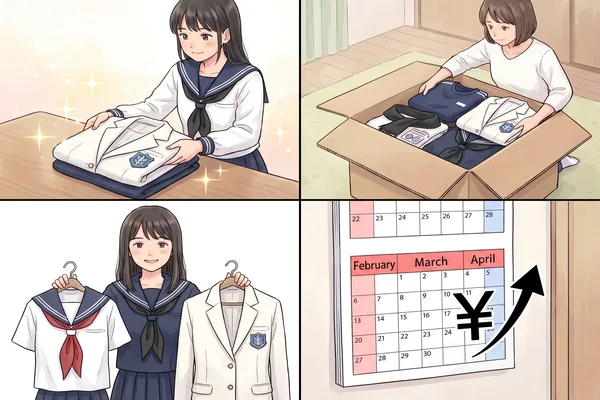 目白研心の制服を高く売る3つのポイントを示す4コマイラスト 。クリーニング・付属品セット・夏冬まとめ・需要期の4場面