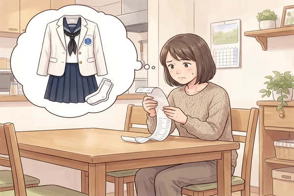 目白研心の新品制服の価格リストを見て驚く母親のイラスト 。思い浮かべる白ブレザーと紺セーラーの制服一式