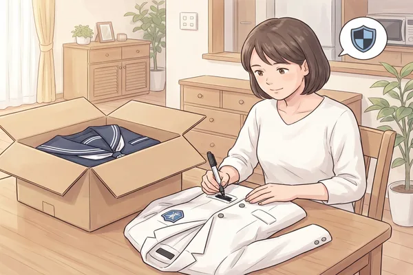 目白研心の白ブレザー（青エンブレムワッペン付き ）の名前タグをマジックで消す母親のイラスト。個人情報保護のシールドアイコン