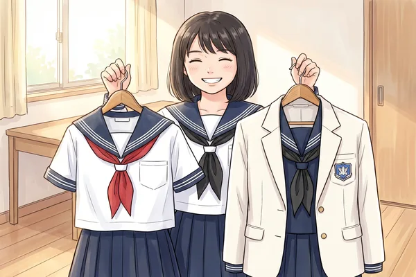 目白研心の夏服（白セーラー・赤スカーフ ）と冬服（白ブレザー・青エンブレムワッペン・黒スカーフ）を両手に持つ女子生徒のイラスト
