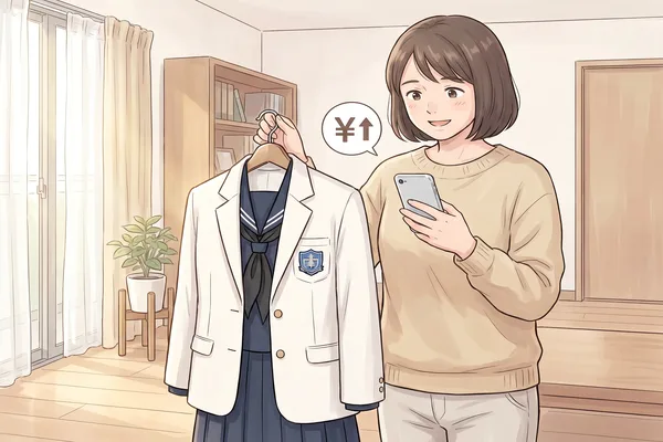 目白研心の女子制服（白ブレザー・紺セーラー ）を持ちながらスマホで買取相場を確認する母親のイラスト