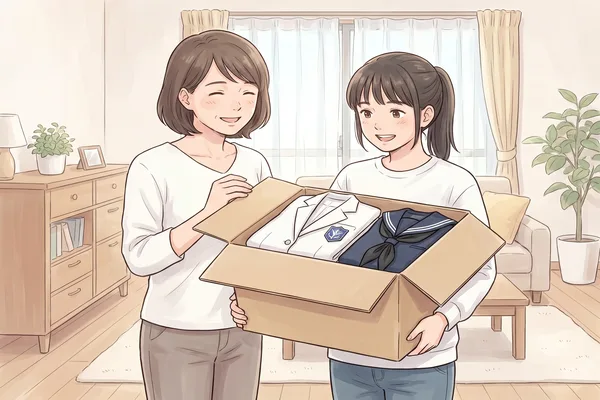 目白研心の白ブレザー（青エンブレムワッペン付き ）と紺セーラー服を段ボールに詰めて笑顔で発送準備をする母娘のイラスト
