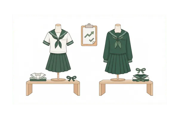 成田国際高校の制服買取で、夏服と冬服をそろえて査定に出すと高く売れやすいことを示す制服セットのイラスト