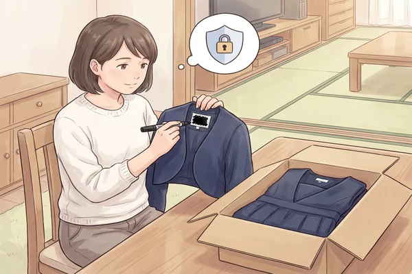 制服のネームタグをマーカーで塗りつぶして個人情報を処理し、ダンボールに梱包して発送準備をするイラスト
