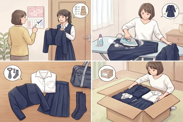 ノートルダム清心の制服を高く売るための3つのポイント（早めに売る・付属品セット・状態確認 ）を4コマイラストで解説