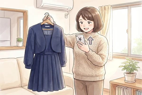 ノートルダム清心の制服買取相場の目安として、お母さんがネイビー制服をハンガーで持ちながらスマートフォンで査定額を確認しているイラスト