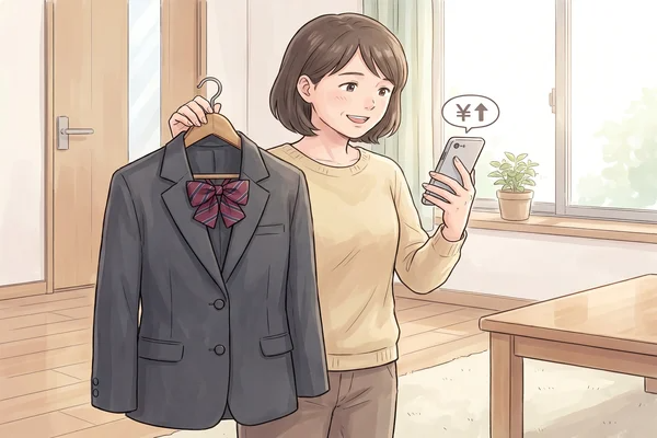桜美林中学校・高等学校の女子制服（グレーブレザー ）をハンガーで持ちながらスマートフォンで買取相場を確認するお母さんのイラスト
