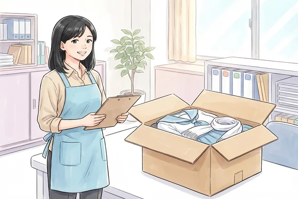 ダンボールに梱包された熊本学園大学付属高校の制服を丁寧に査定する、制服買取ラミパスの女性スタッフのイラスト