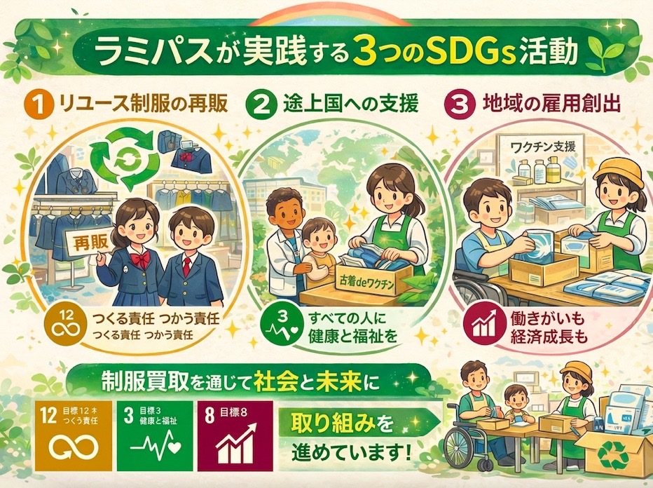 制服買取ラミパスが実践する3つのSDGs活動：①リユース制服の再販（目標12）、②古着deワクチンを通じた途上国への支援（目標3）、③就労支援施設との連携による地域の雇用創出（目標8）