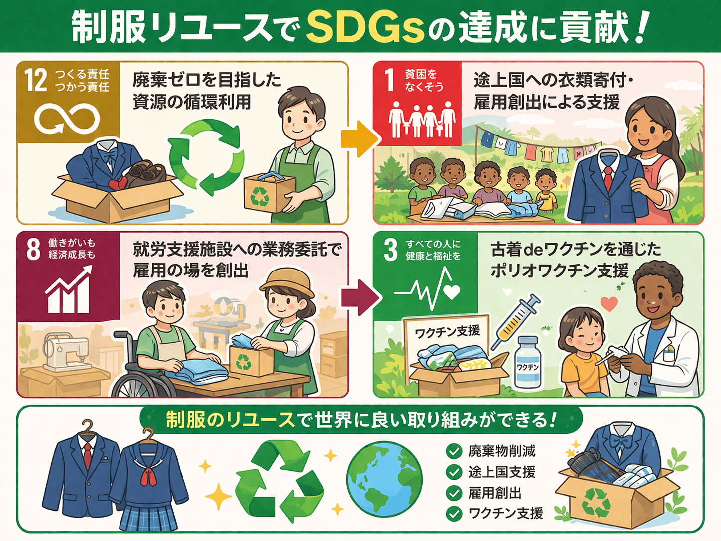制服リユースがSDGs目標12（つくる責任つかう責任）・目標1（貧困をなくそう）・目標8（働きがいも経済成長も）・目標3（すべての人に健康と福祉を）の達成に貢献することを示したインフォグラフィック
