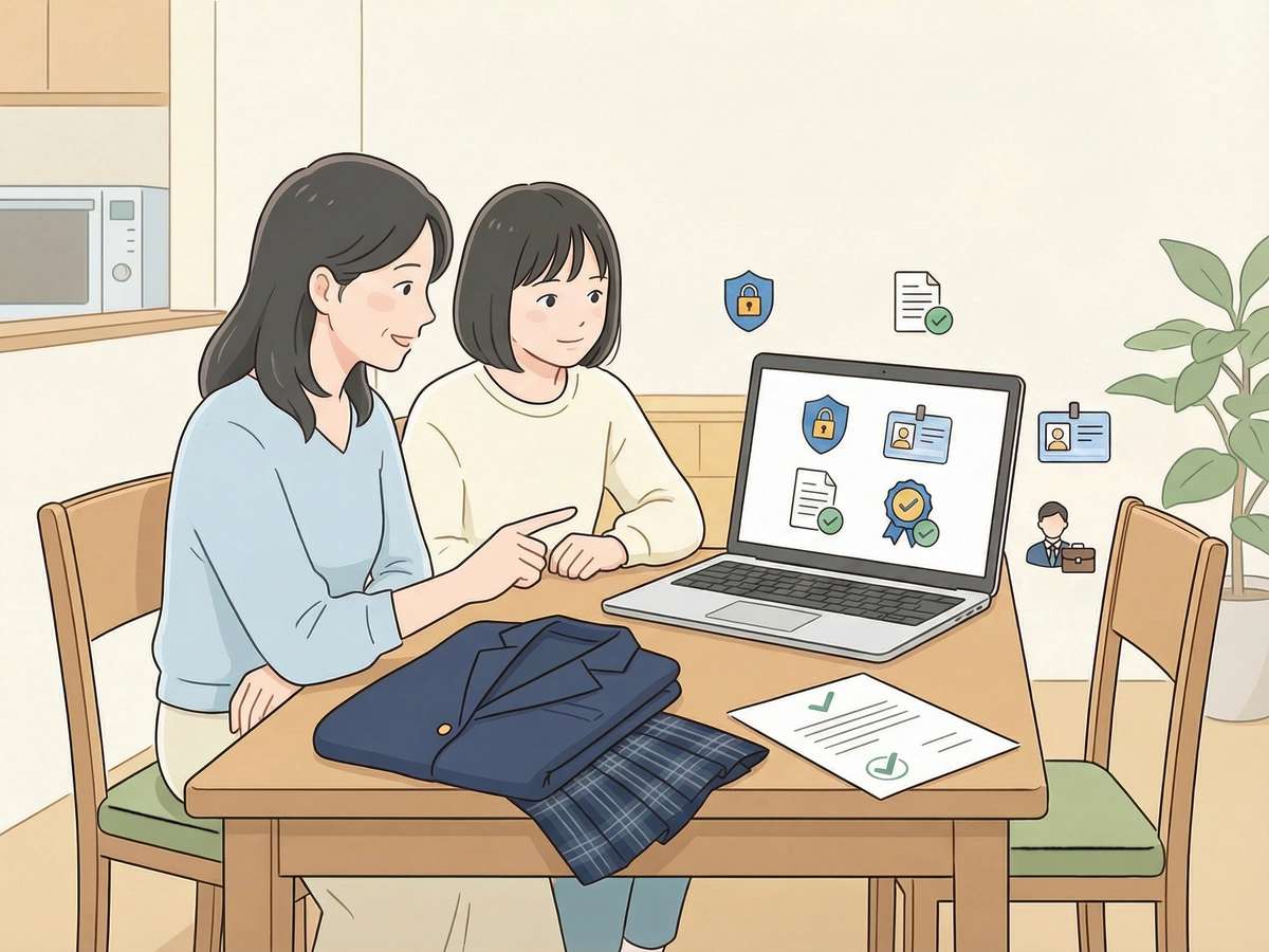 保護者が制服買取前に古物商許可と個人情報保護を確認し品川女子学院の制服を安全に売却する様子