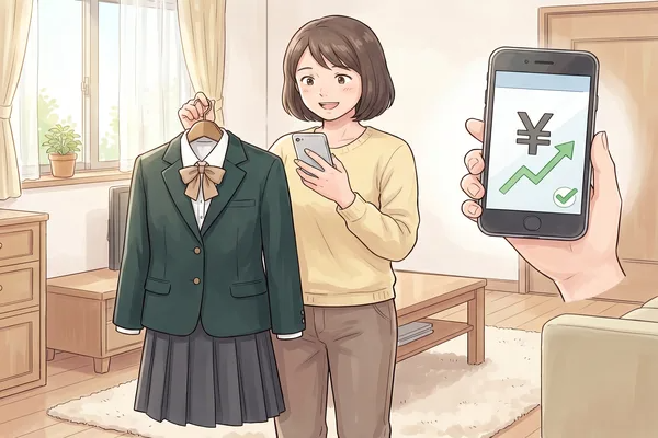 洗足学園の制服（緑のブレザーとベージュのリボン ）を高額で買い取ってもらい、スマートフォンで査定額を見て喜ぶ母親の様子