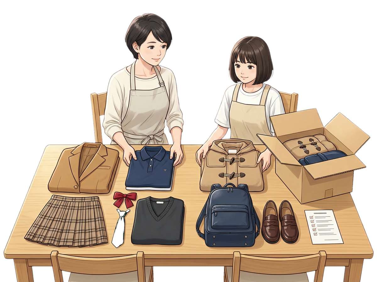 品川女子学院の制服買取で夏服と冬服、リボンやネクタイ、バッグなどの付属品をまとめて査定準備する日本人親子