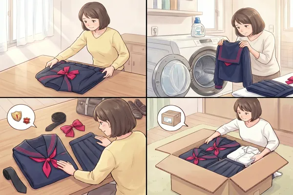 制服を高く売るための4つのステップを描いた4コマイラスト：丁寧にたたむ・洗濯機で洗う・付属品をセットにする・ダンボールに梱包する
