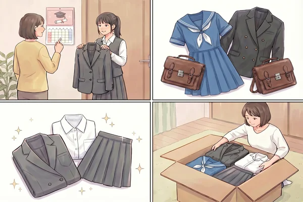 制服を高く売るための4つのコツ（卒業後早めに売る、夏服・冬服や付属品をセットにする、綺麗な状態にする、丁寧に梱包する ）を解説したイラスト