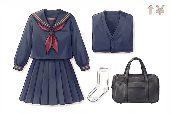 東洋英和女学院の制服一式（セーラー服・スカート・カーディガン・ネクタイ・靴下・バッグ）をセットで査定に出す様子のイラスト