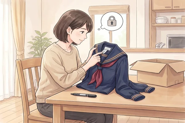 制服を宅配買取に出す前に名前タグを確認・除去する準備をするお母さんのイラスト（東洋英和女学院の制服）