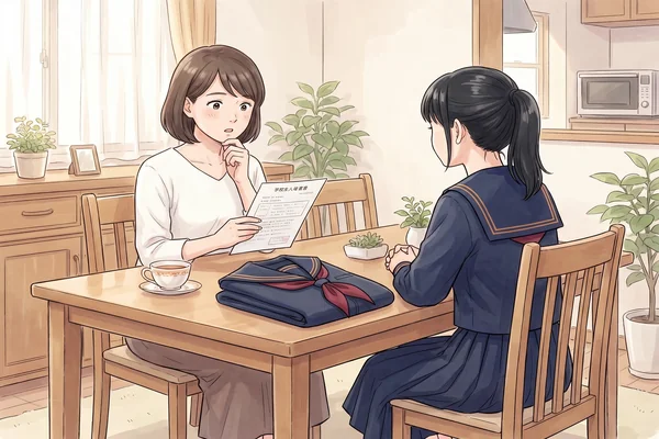 東洋英和女学院の制服販売価格の高さを示す、入学費用の書類を見て驚くお母さんと娘のイラスト