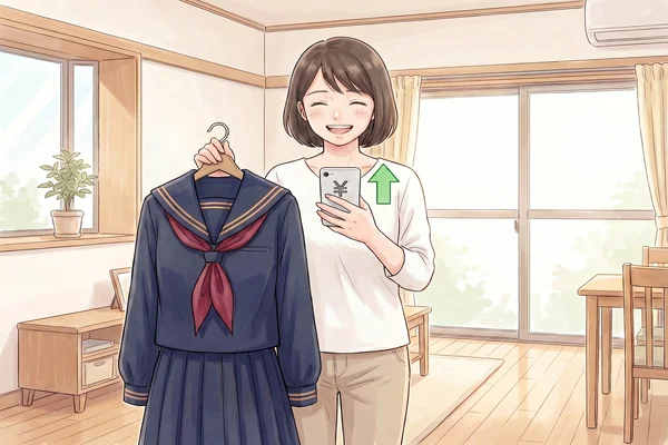 東洋英和女学院の制服をハンガーで持ちながらスマートフォンで買取相場を確認して喜ぶお母さんのイラスト