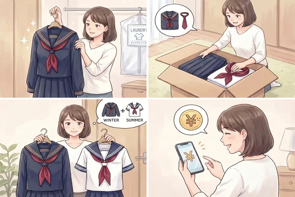 東洋英和女学院の制服を高く売る3つのポイント（クリーニング・付属品セット・夏冬一式）を4コマで解説するイラスト
