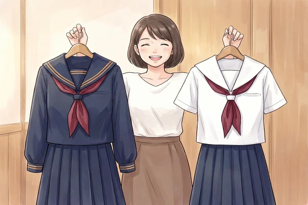 東洋英和女学院の冬服（濃紺セーラー）と夏服（白セーラー）を両方まとめて査定に出すと買取価格が上がることを示すイラスト