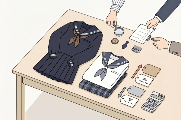 浦和麗明高校の女子制服を査定し、冬服と夏服のセットや付属品を確認しながら買取相場の目安を見ている様子