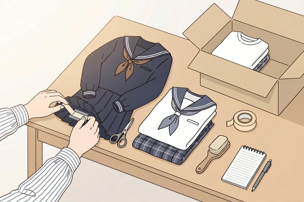 制服買取の発送前に、浦和麗明高校の女子制服の記名や個人情報を確認して隠し、箱詰め準備をしている様子