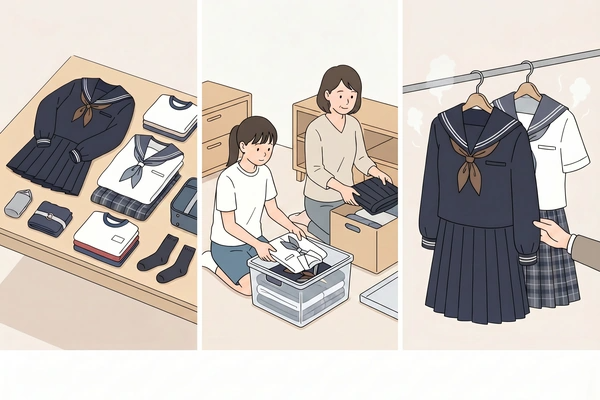 浦和麗明高校の女子制服を高く売るために、付属品をそろえ、早めに整理し、きれいな状態で査定準備をしている様子