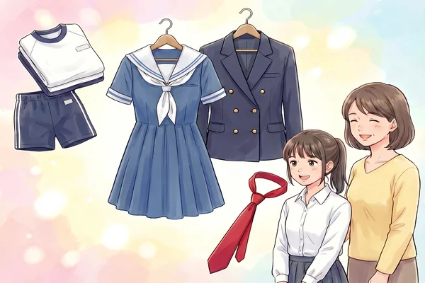 熊本学園大学付属高校の夏服・冬服に加え、体操服、ジャージ、ネクタイなど、ラミパスで買取可能な学校指定アイテムの一覧イラスト