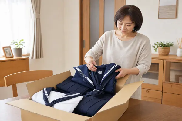 学習院女子中等科の冬服・夏服をダンボール箱にセットで梱包する女性