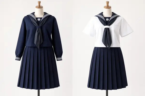 学習院女子中等科の制服一式 。左：紺地の冬服セーラー服、右：白地の夏服セーラー服