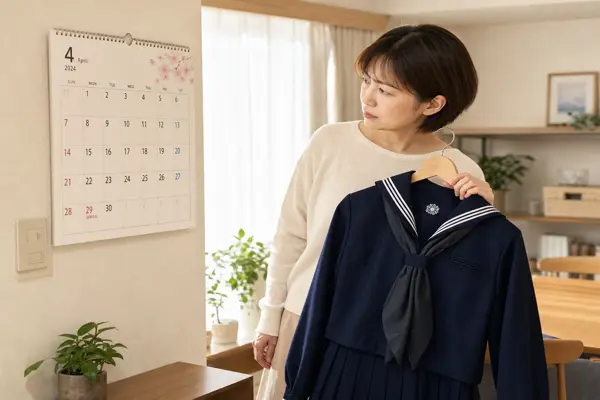 学習院女子中等科の制服をハンガーで持ちながら春のカレンダーを確認する女性