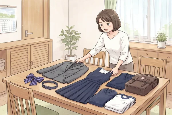 跡見学園の制服本体とリボン・ベルト・バッグ・ベスト・体操服などの付属品をテーブルに並べて整理しているお母さんのイラスト