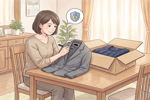 跡見学園の制服の内側ネームタグをマーカーで塗りつぶし、ダンボールに梱包する準備をしている女性のイラスト