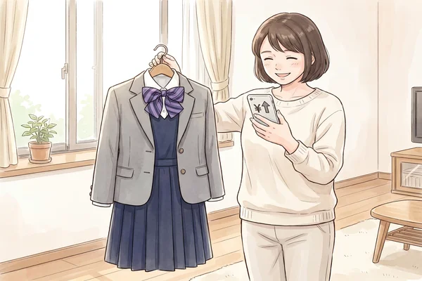 お母さんが跡見学園の制服をハンガーで持ちながらスマートフォンの査定画面を見て喜んでいるイラスト