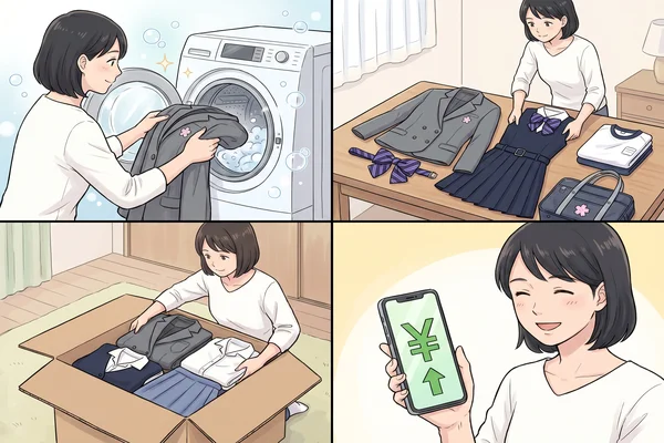 跡見学園の制服を高く売る3つのポイントを示す4コマイラスト 。洗濯機で洗う・付属品をセットにする・夏冬まとめて出す・査定額アップを確認する場面。