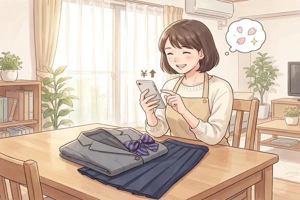 跡見学園の制服をテーブルに置き、スマートフォンで査定完了を確認して満足そうに笑顔のお母さんのイラスト