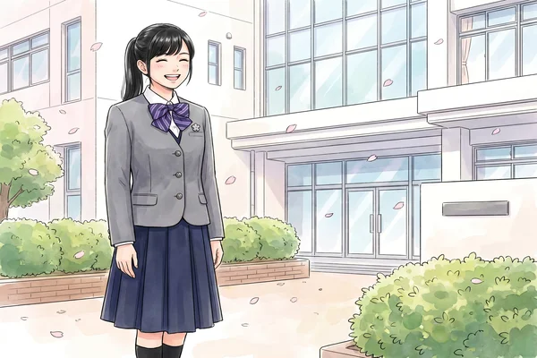 跡見学園のグレーブレザーと紺ジャンパースカートの制服を着た女子生徒が、現代的な校舎前で桜の中に立つイラスト