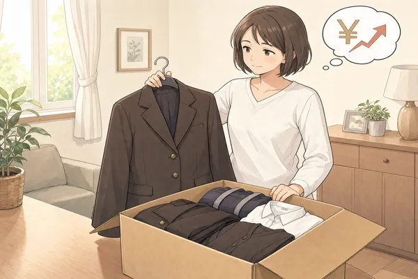聖ドミニコ学院の制服をダンボールに詰めて宅配買取に申し込む母親のイラスト