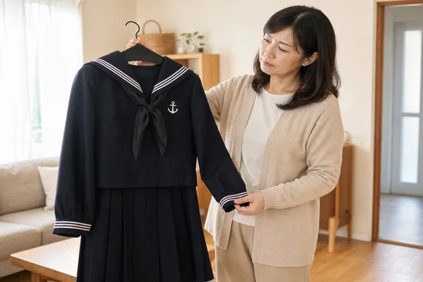 雙葉高校のネイビーセーラー服をハンガーで持ち、販売価格や買取相場を考えている主婦