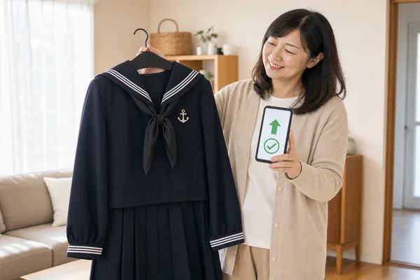 雙葉高校の制服を持ちながら、スマートフォンの画面で制服買取の査定結果を見て喜んでいる主婦