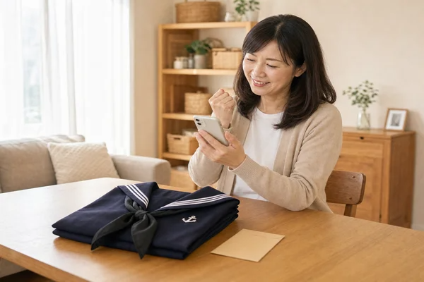 雙葉高校の制服買取が完了し、スマートフォンで入金通知を確認してガッツポーズをしている主婦